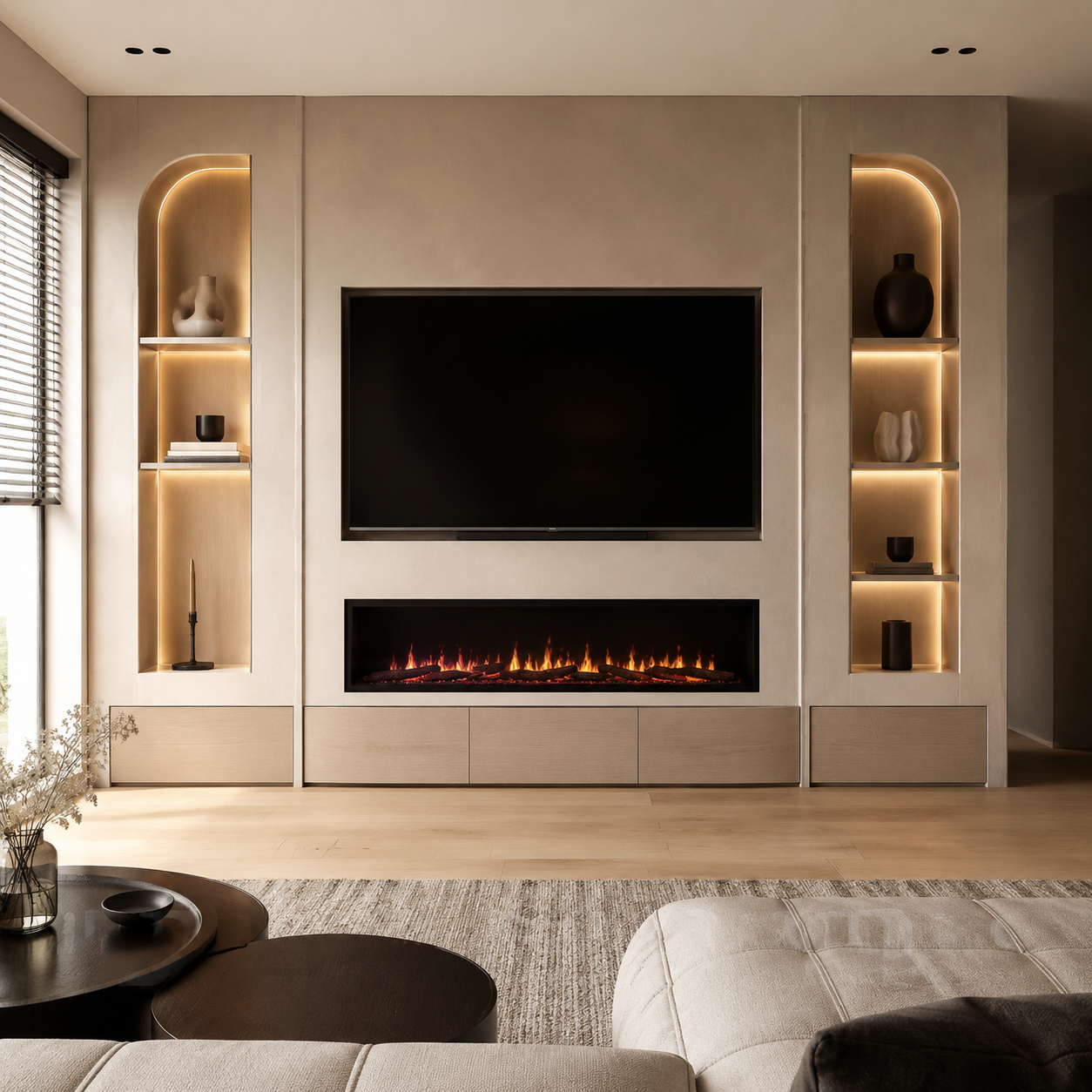AI-conceptvisualisatie van een cinewall in de stijl Luxe beige